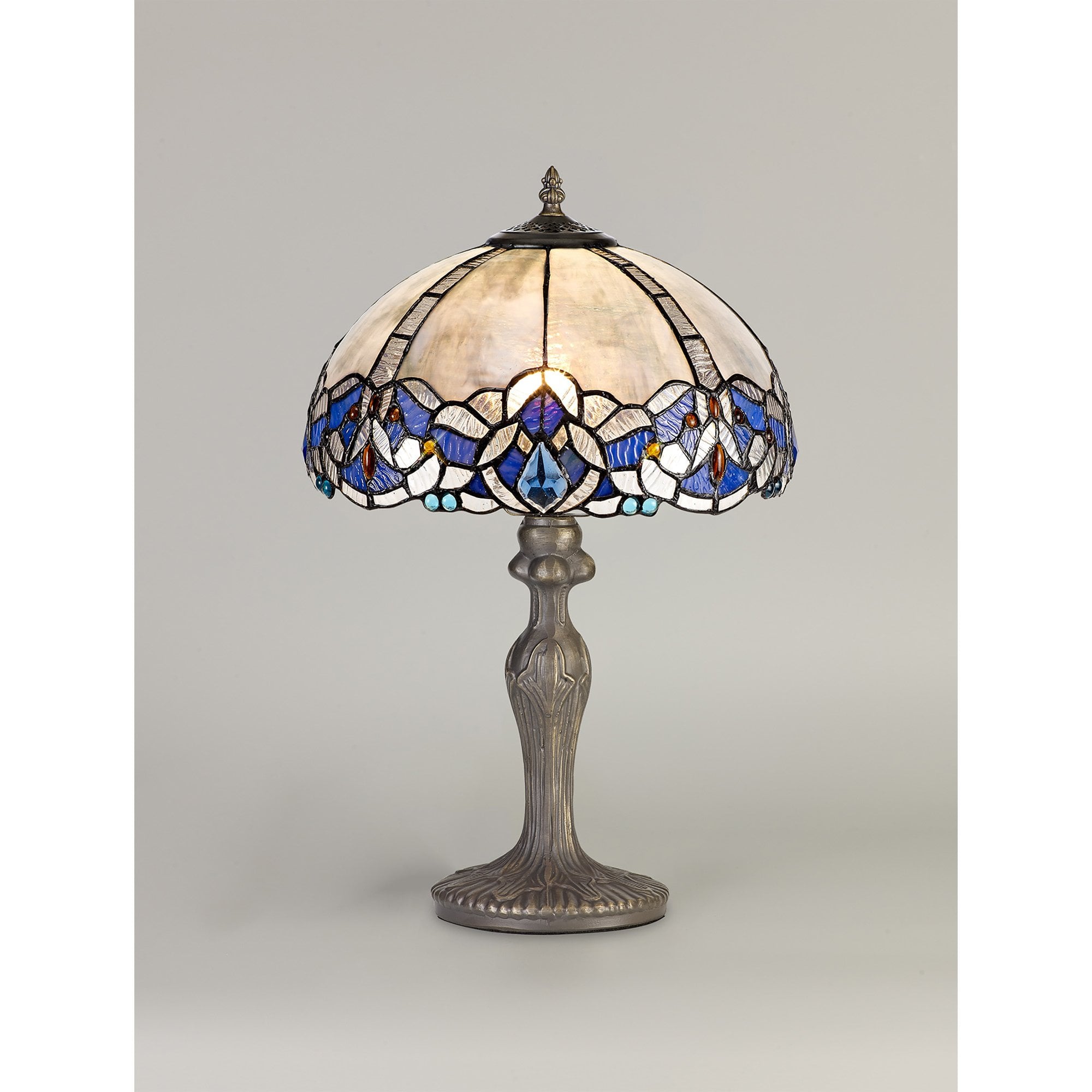 NLK01449 Ossie 1 Light Curved Table Lamp With 30cm Tiffany Shade Blue/Clear Crystal/Aged Antique Brass