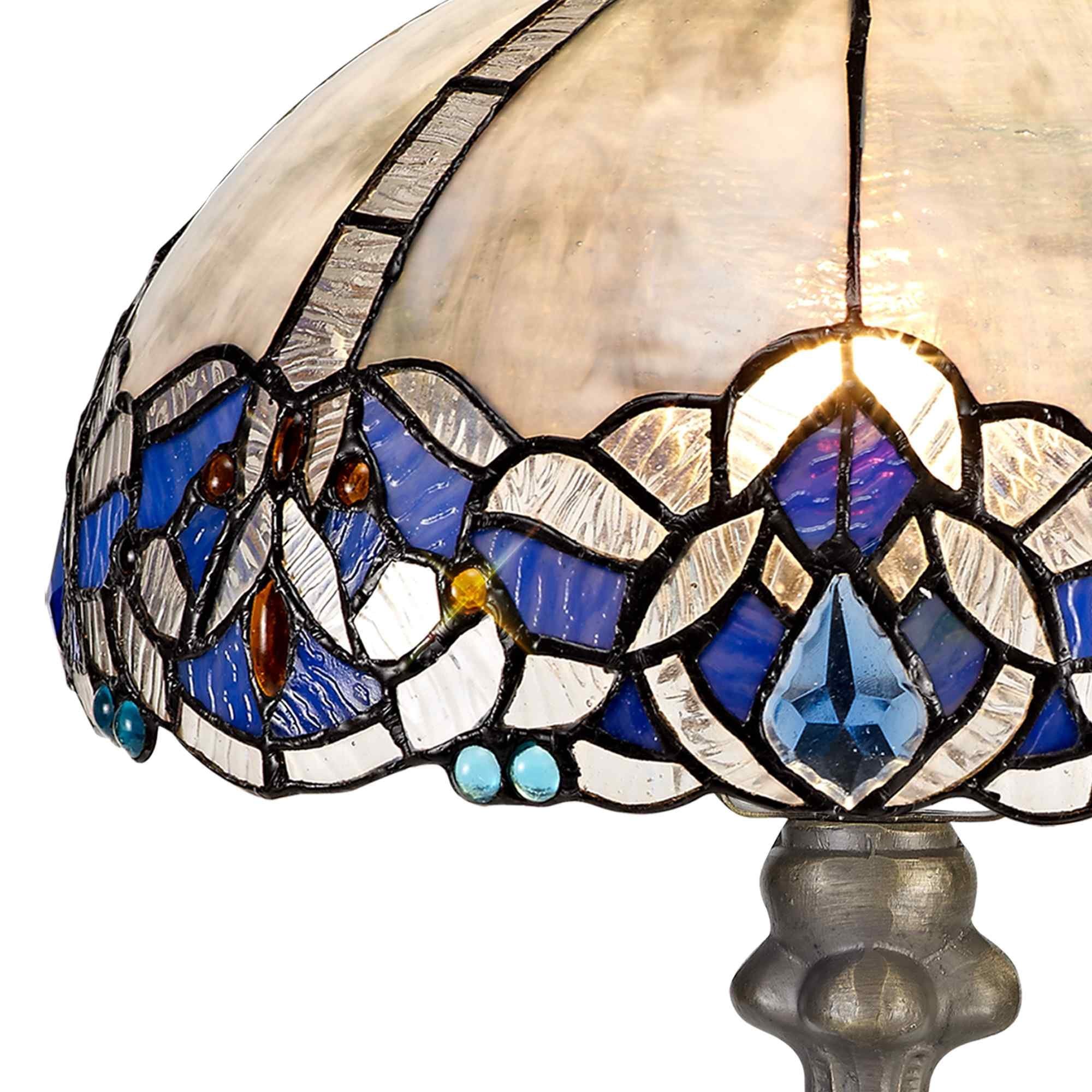 NLK01449 Ossie 1 Light Curved Table Lamp With 30cm Tiffany Shade Blue/Clear Crystal/Aged Antique Brass