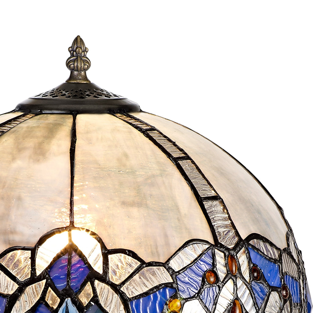 NLK01449 Ossie 1 Light Curved Table Lamp With 30cm Tiffany Shade Blue/Clear Crystal/Aged Antique Brass
