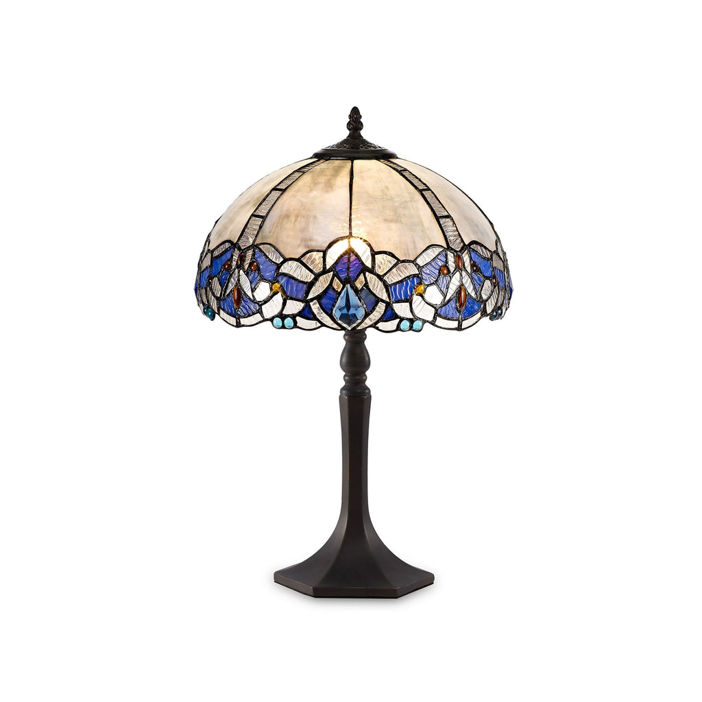 NLK01459 Ossie 1 Light Octagonal Table Lamp With 30cm Tiffany Shade Blue/Clear Crystal/Aged Antique Brass