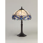 NLK01459 Ossie 1 Light Octagonal Table Lamp With 30cm Tiffany Shade Blue/Clear Crystal/Aged Antique Brass