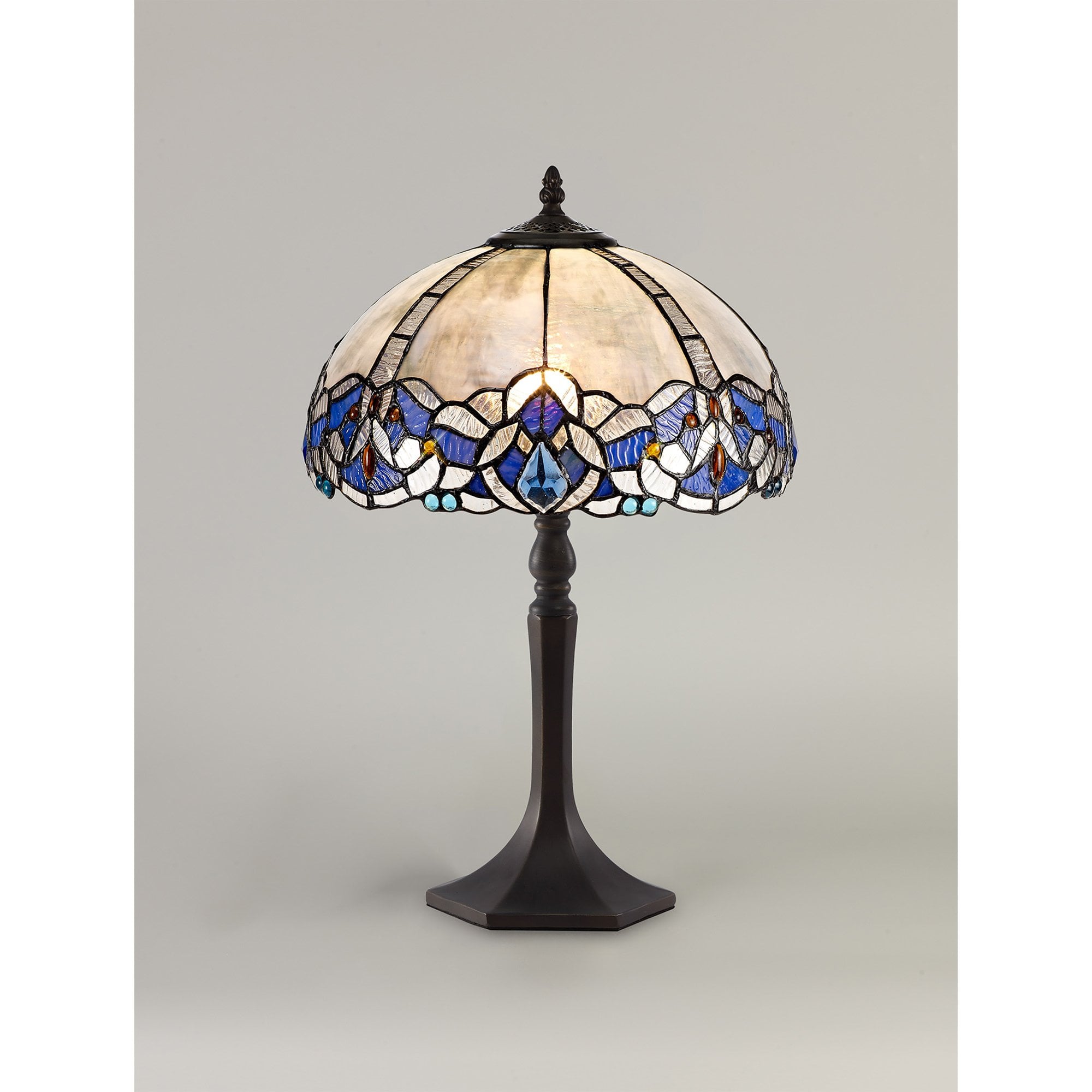 NLK01459 Ossie 1 Light Octagonal Table Lamp With 30cm Tiffany Shade Blue/Clear Crystal/Aged Antique Brass