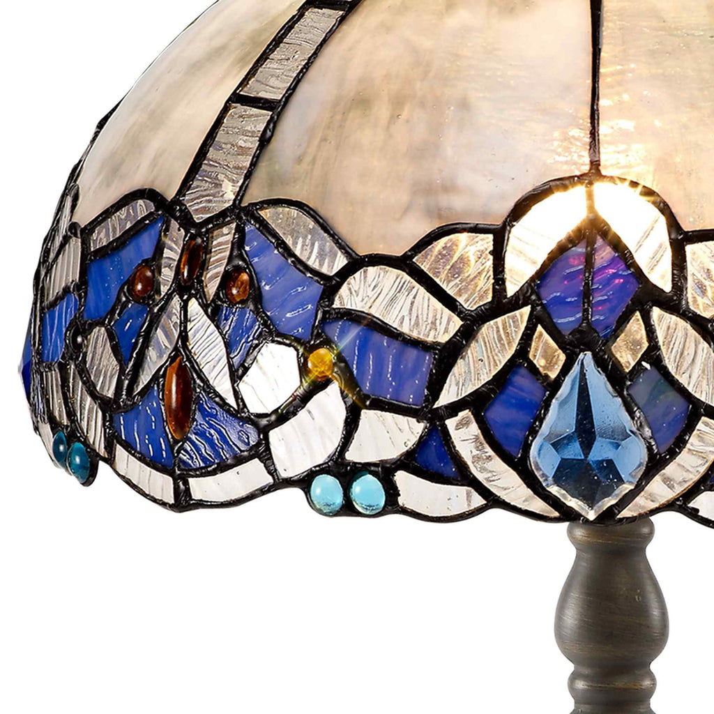 NLK01459 Ossie 1 Light Octagonal Table Lamp With 30cm Tiffany Shade Blue/Clear Crystal/Aged Antique Brass