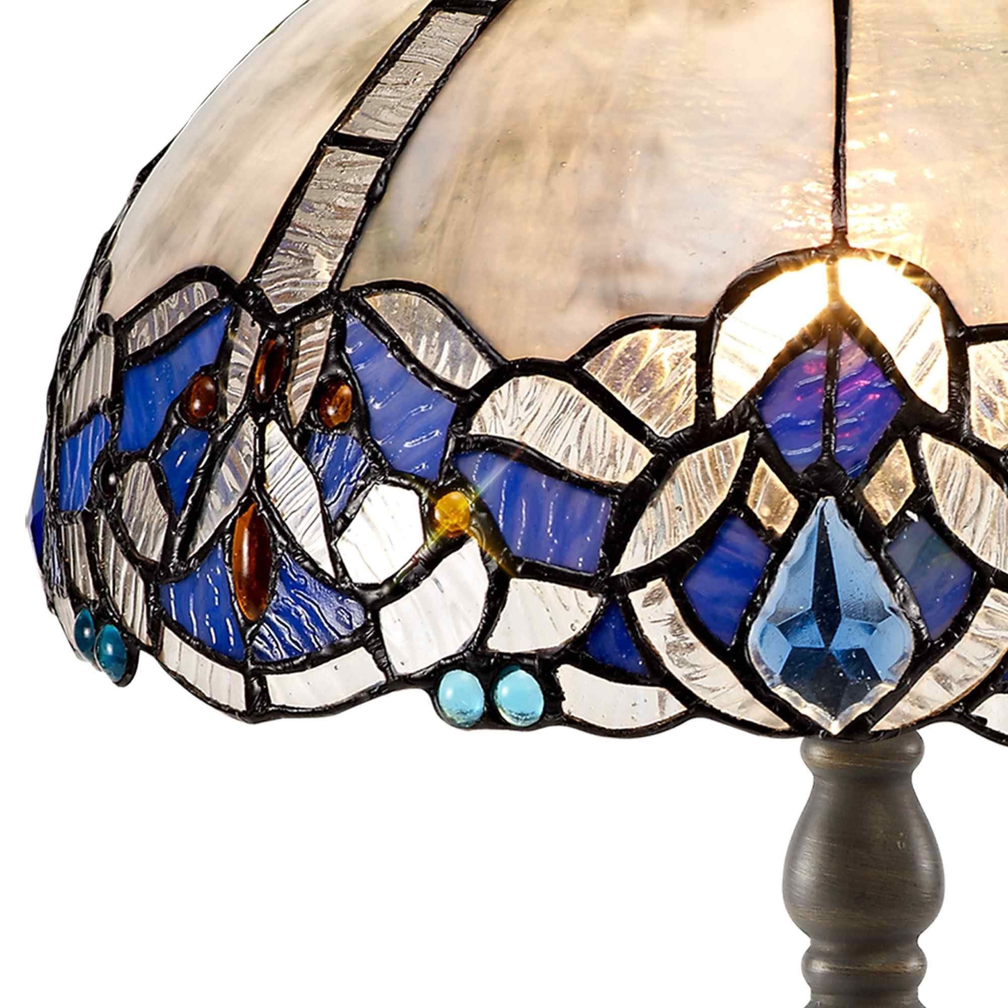 NLK01459 Ossie 1 Light Octagonal Table Lamp With 30cm Tiffany Shade Blue/Clear Crystal/Aged Antique Brass