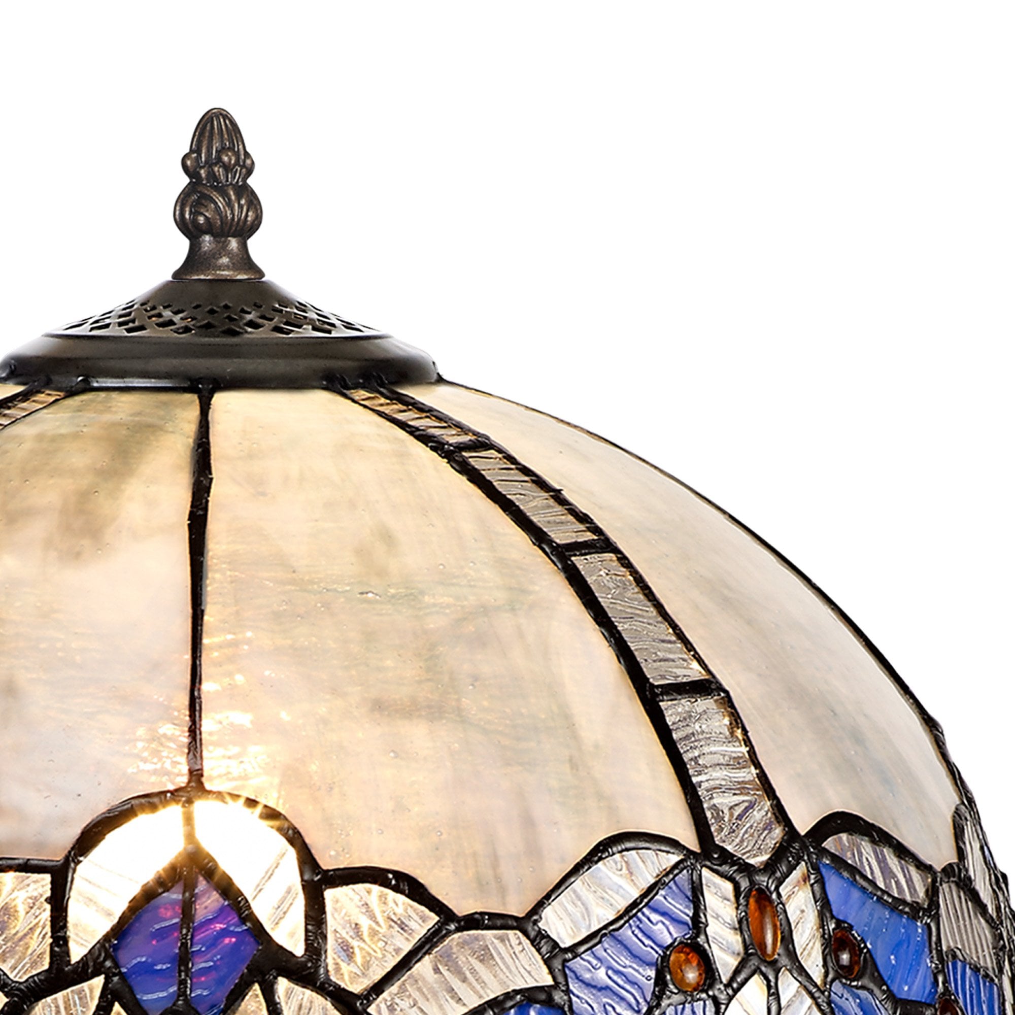 NLK01459 Ossie 1 Light Octagonal Table Lamp With 30cm Tiffany Shade Blue/Clear Crystal/Aged Antique Brass