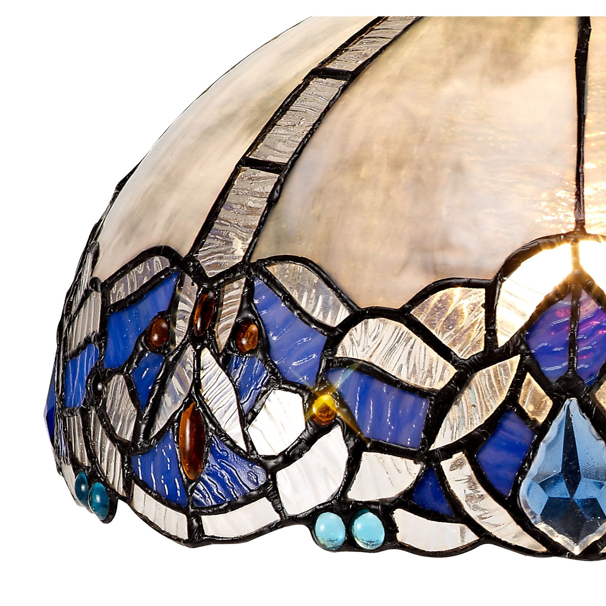 NLK01459 Ossie 1 Light Octagonal Table Lamp With 30cm Tiffany Shade Blue/Clear Crystal/Aged Antique Brass