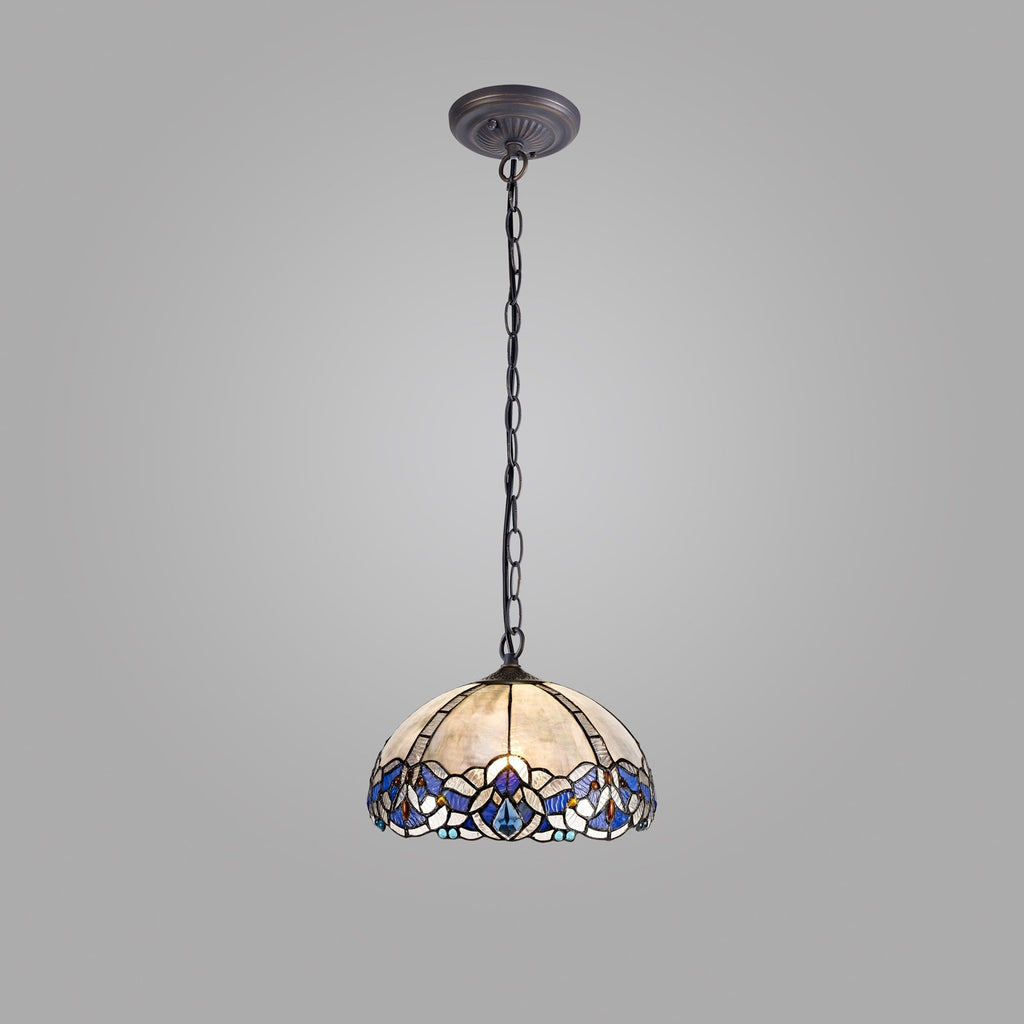NLK01469 Ossie 1 Light Down Light Pendant With 30cm Tiffany Shade Blue/Clear Crystal/Aged Antique Brass