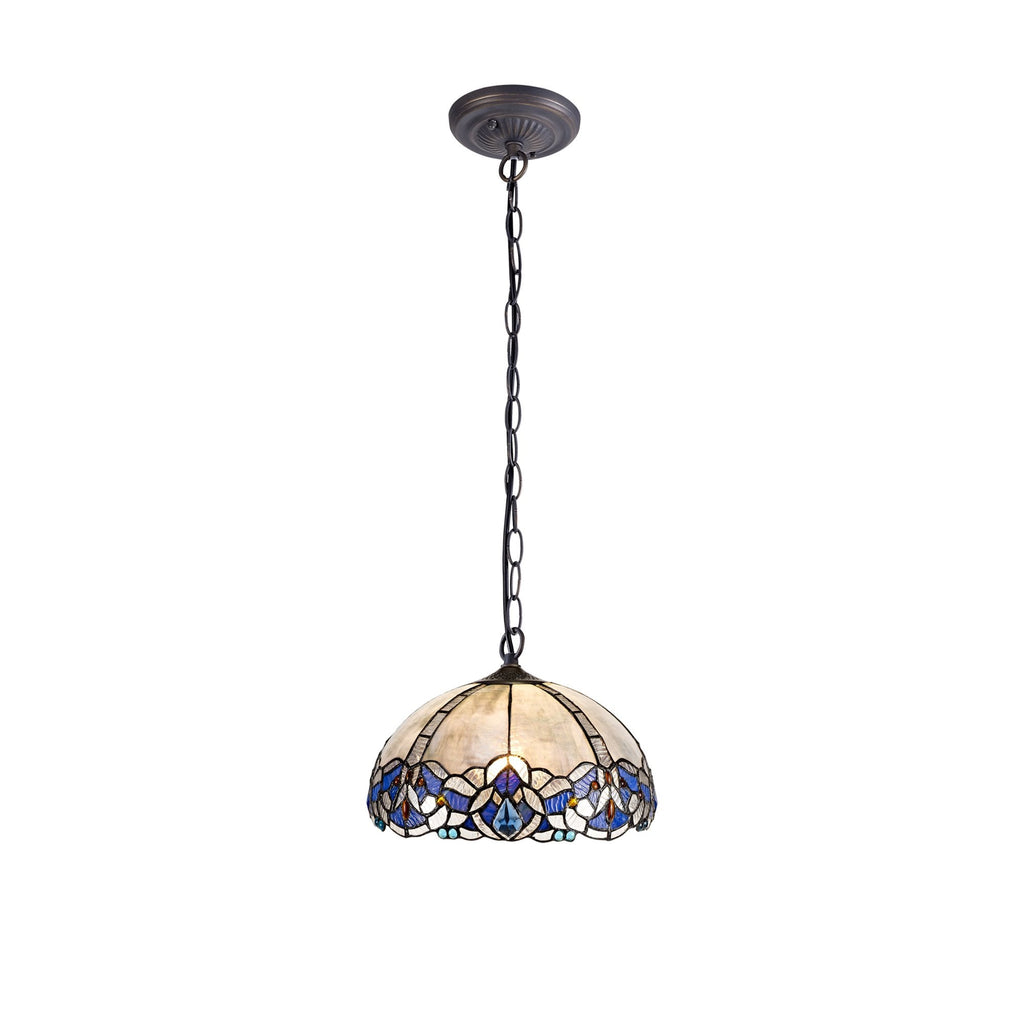 NLK01469 Ossie 1 Light Down Light Pendant With 30cm Tiffany Shade Blue/Clear Crystal/Aged Antique Brass