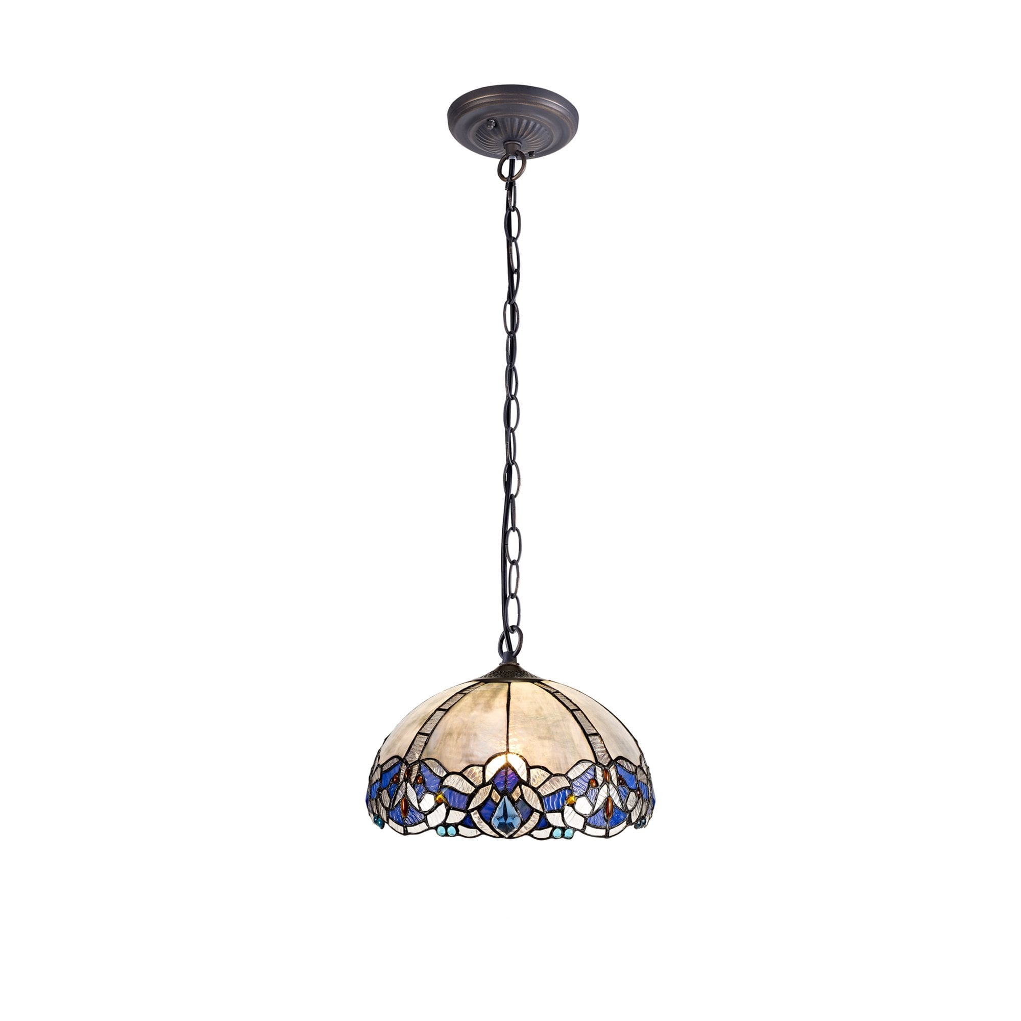 NLK01469 Ossie 1 Light Down Light Pendant With 30cm Tiffany Shade Blue/Clear Crystal/Aged Antique Brass