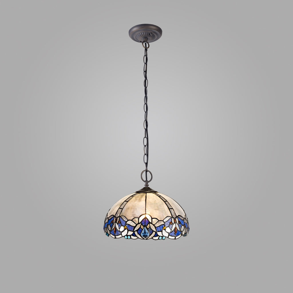 NLK01479 Ossie 2 Light Down Light Pendant With 30cm Tiffany Shade Blue/Clear Crystal/Aged Antique Brass