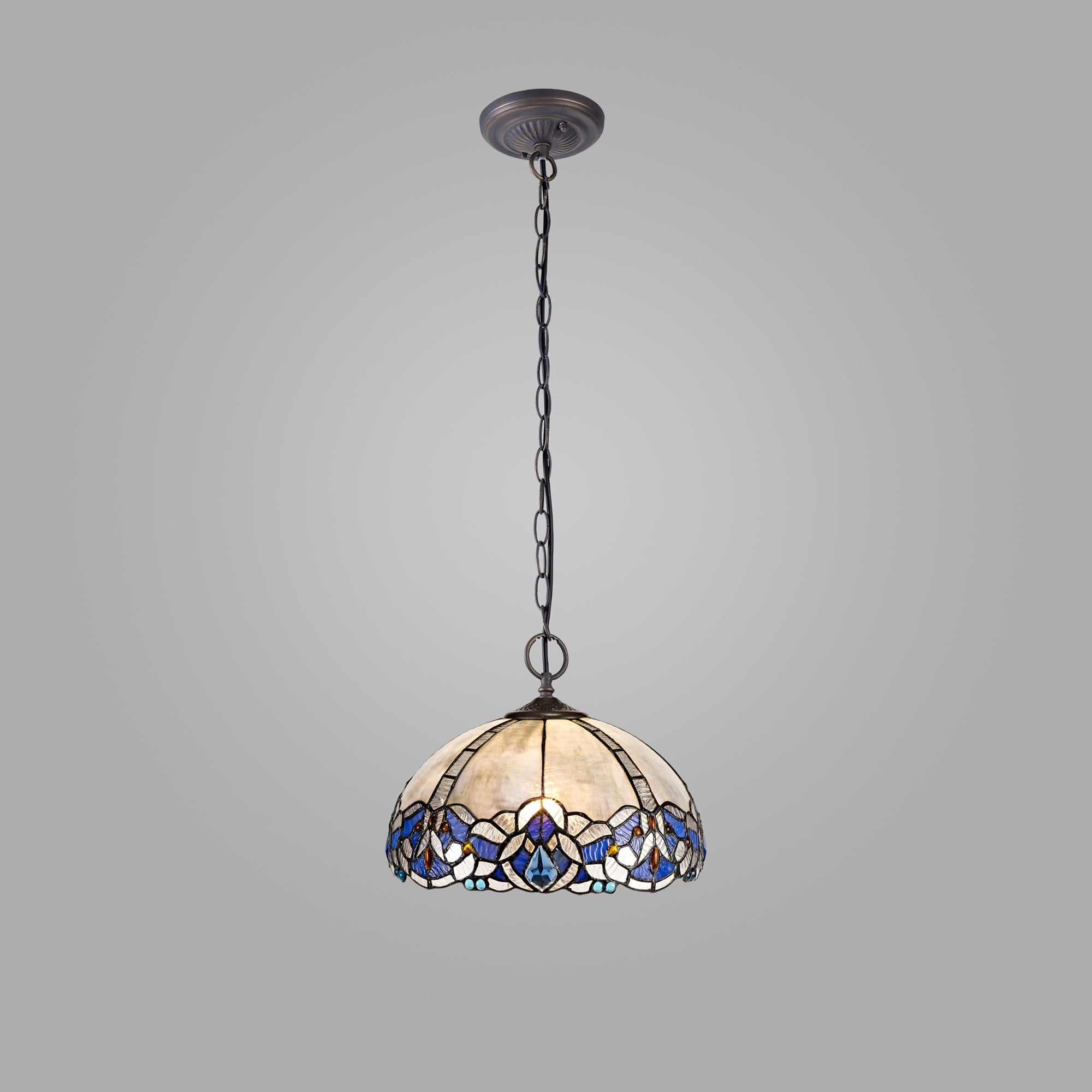 NLK01479 Ossie 2 Light Down Light Pendant With 30cm Tiffany Shade Blue/Clear Crystal/Aged Antique Brass