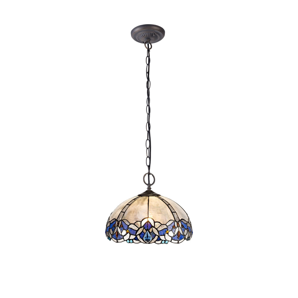 NLK01479 Ossie 2 Light Down Light Pendant With 30cm Tiffany Shade Blue/Clear Crystal/Aged Antique Brass