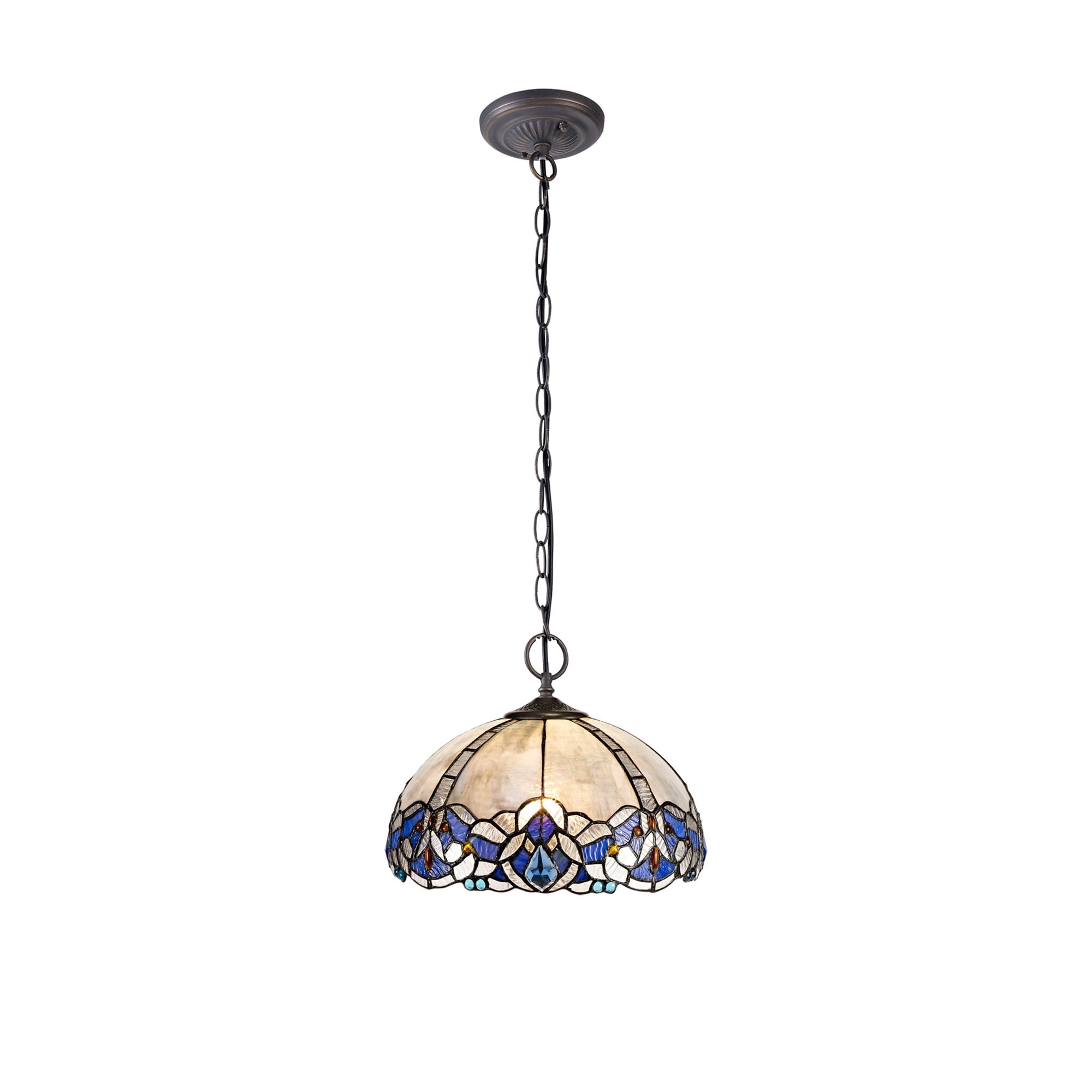 NLK01479 Ossie 2 Light Down Light Pendant With 30cm Tiffany Shade Blue/Clear Crystal/Aged Antique Brass