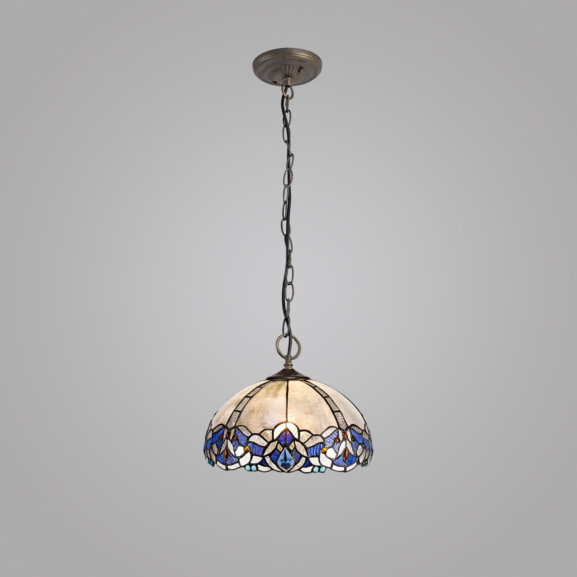 NLK01489 Ossie 3 Light Down Light Pendant With 30cm Tiffany Shade Blue/Clear Crystal/Aged Antique Brass