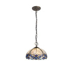 NLK01489 Ossie 3 Light Down Light Pendant With 30cm Tiffany Shade Blue/Clear Crystal/Aged Antique Brass