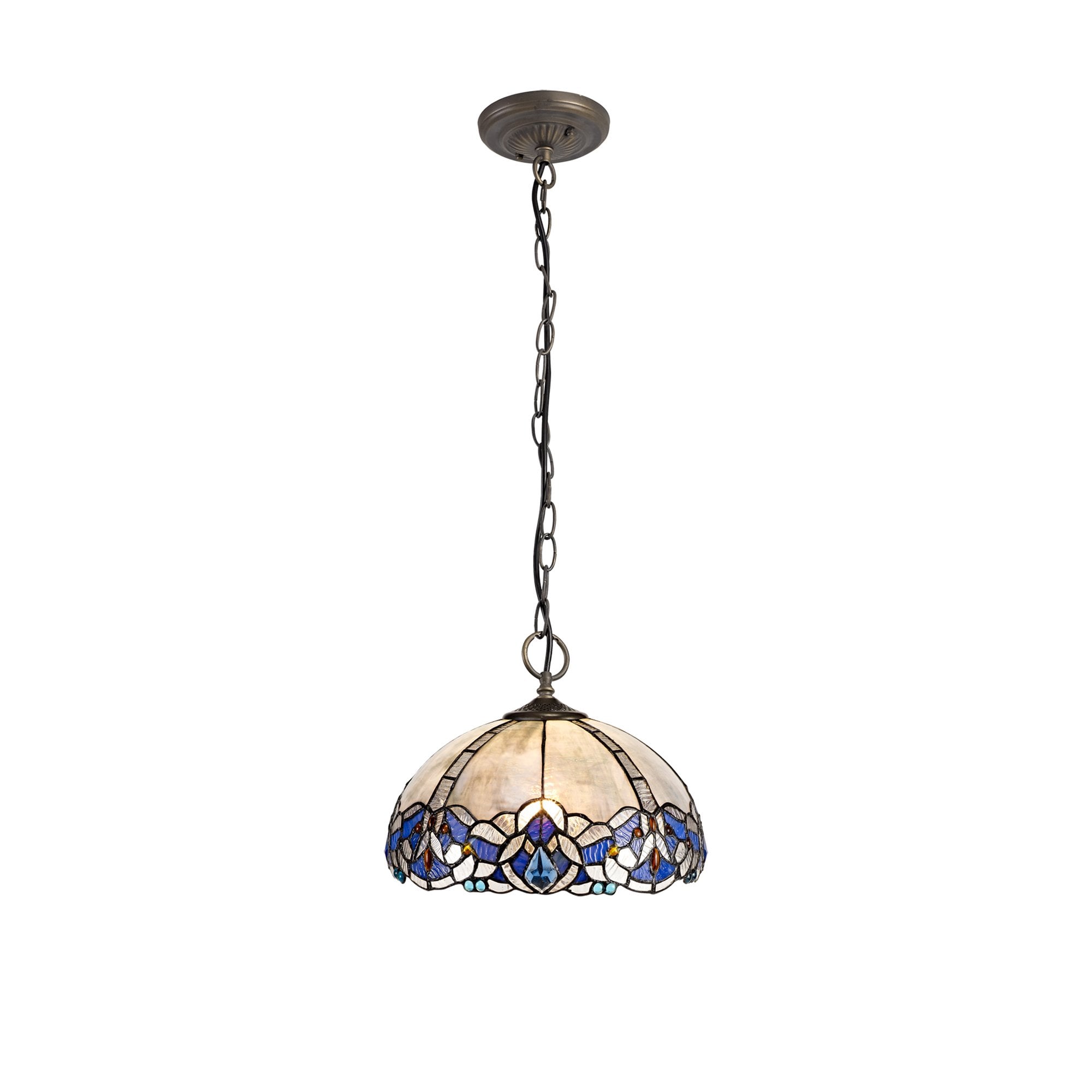 NLK01489 Ossie 3 Light Down Light Pendant With 30cm Tiffany Shade Blue/Clear Crystal/Aged Antique Brass