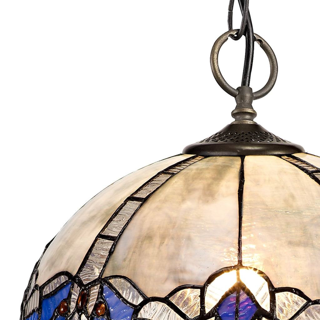 NLK01489 Ossie 3 Light Down Light Pendant With 30cm Tiffany Shade Blue/Clear Crystal/Aged Antique Brass