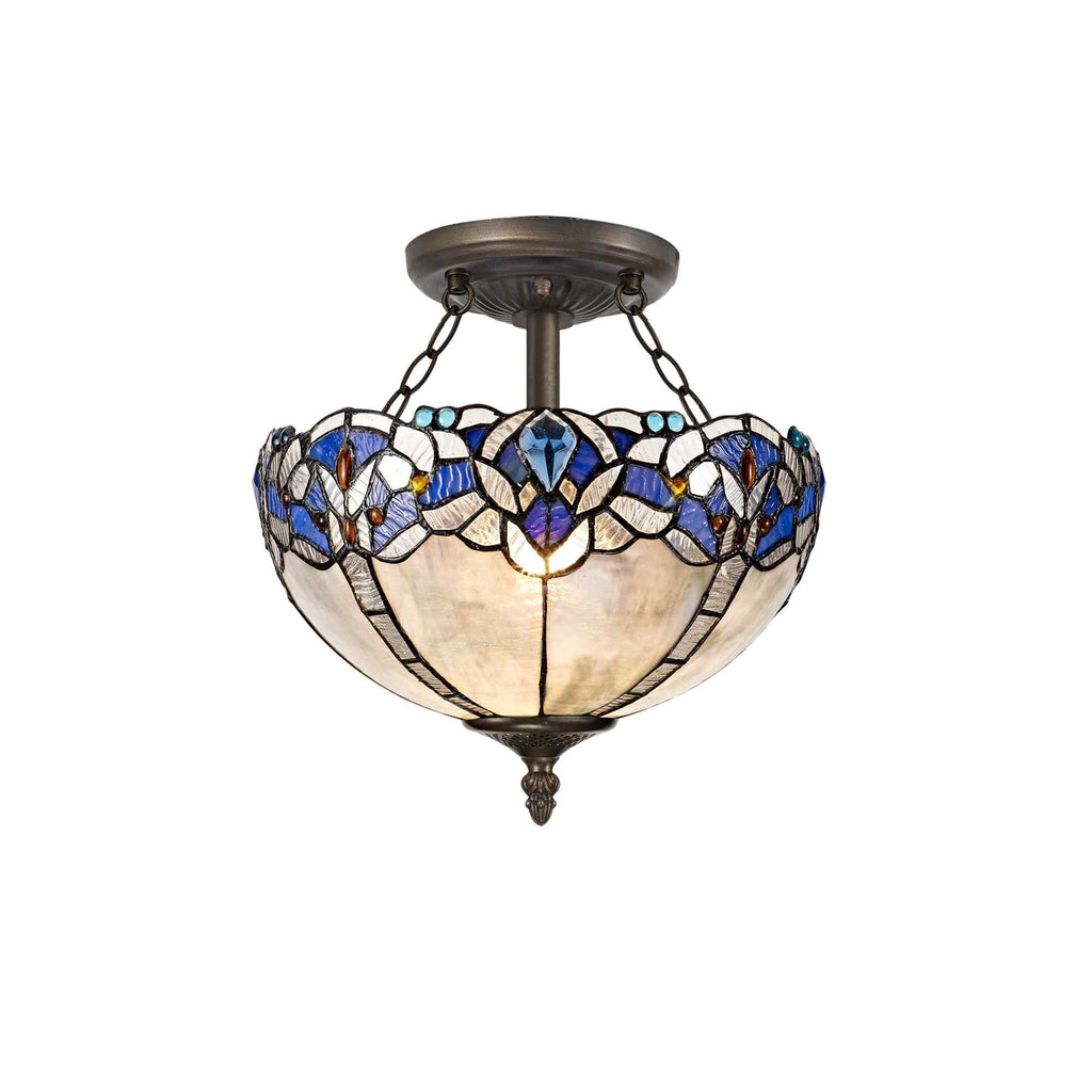 NLK01499 Ossie 2 Light Semi Ceiling With 30cm Tiffany Shade Blue/Clear Crystal/Aged Antique Brass