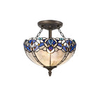 NLK01499 Ossie 2 Light Semi Ceiling With 30cm Tiffany Shade Blue/Clear Crystal/Aged Antique Brass