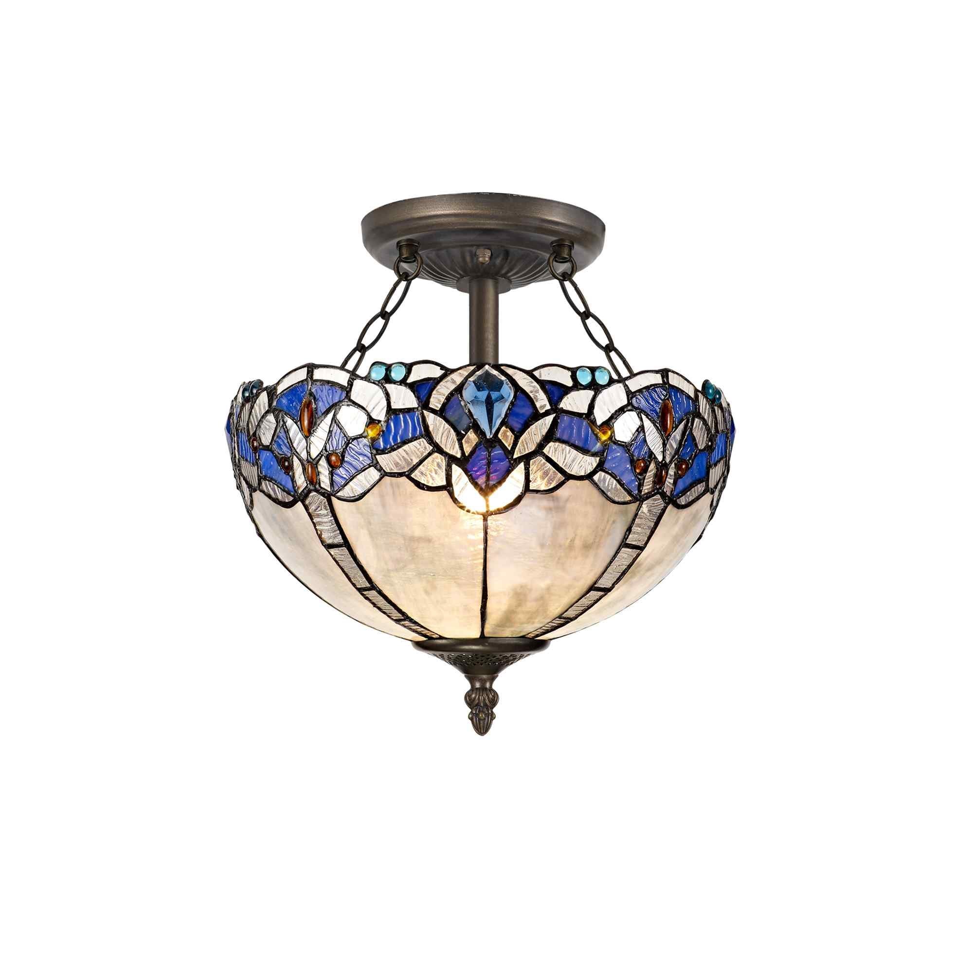 NLK01499 Ossie 2 Light Semi Ceiling With 30cm Tiffany Shade Blue/Clear Crystal/Aged Antique Brass