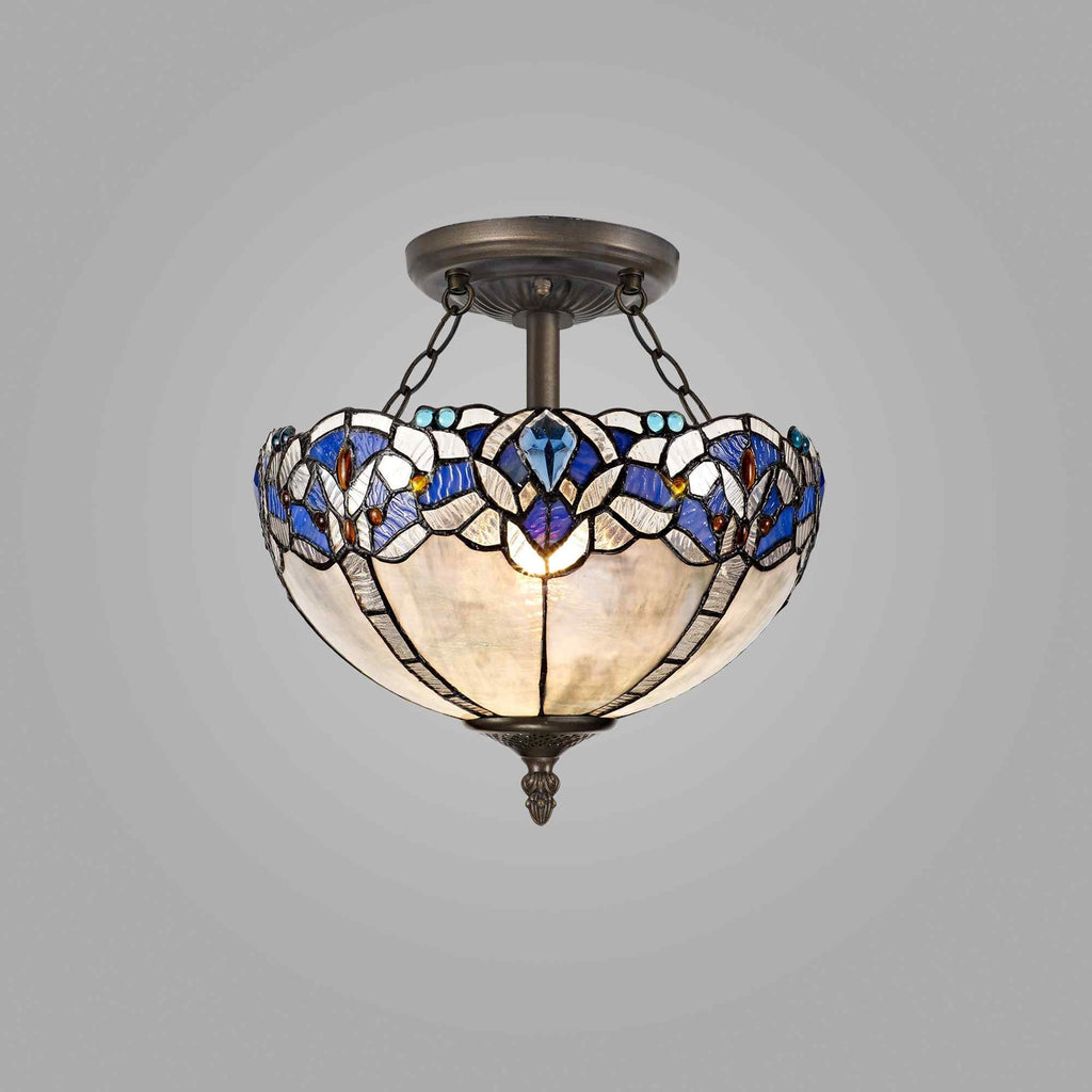 NLK01499 Ossie 2 Light Semi Ceiling With 30cm Tiffany Shade Blue/Clear Crystal/Aged Antique Brass