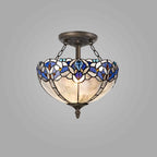 NLK01499 Ossie 2 Light Semi Ceiling With 30cm Tiffany Shade Blue/Clear Crystal/Aged Antique Brass