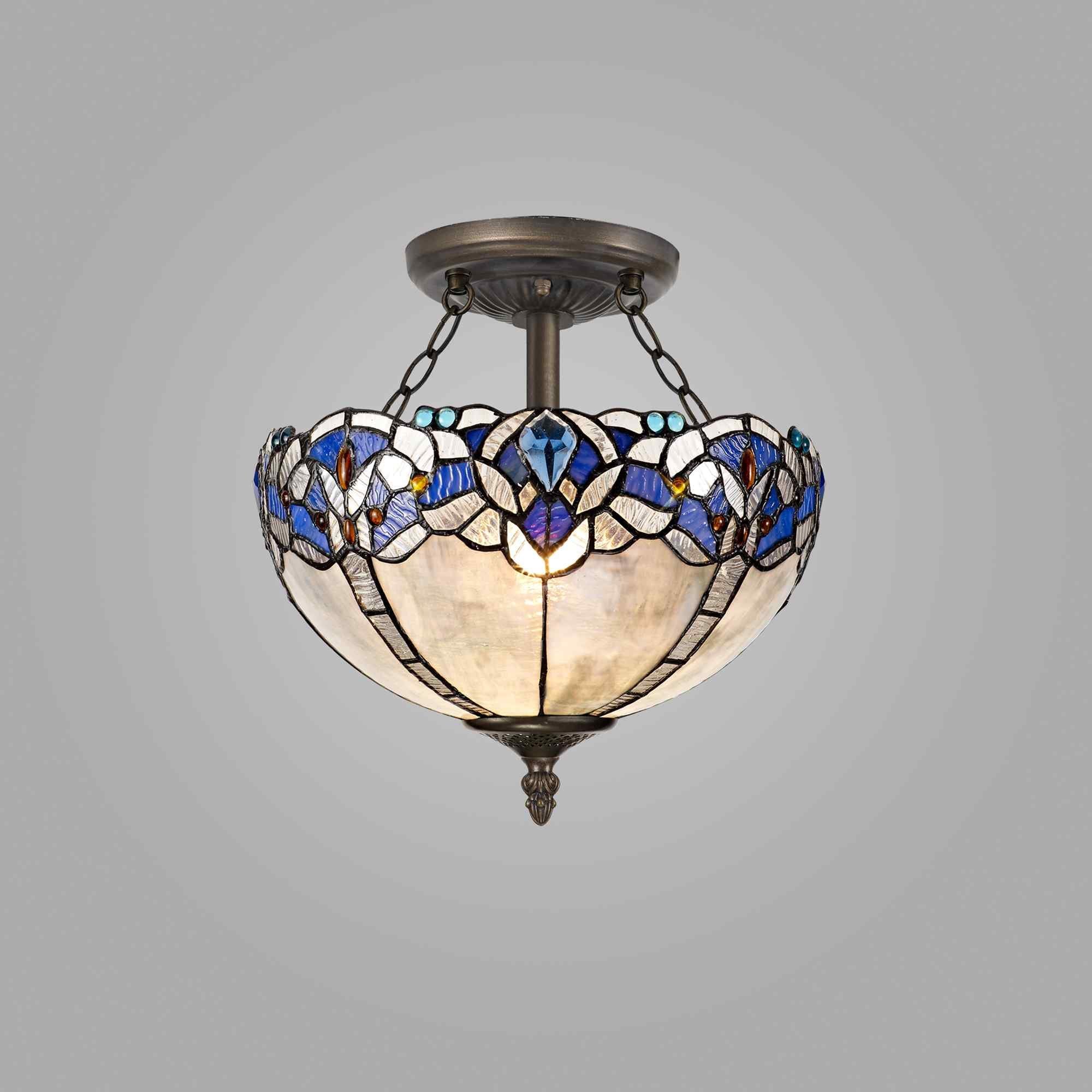 NLK01499 Ossie 2 Light Semi Ceiling With 30cm Tiffany Shade Blue/Clear Crystal/Aged Antique Brass
