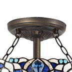 NLK01499 Ossie 2 Light Semi Ceiling With 30cm Tiffany Shade Blue/Clear Crystal/Aged Antique Brass