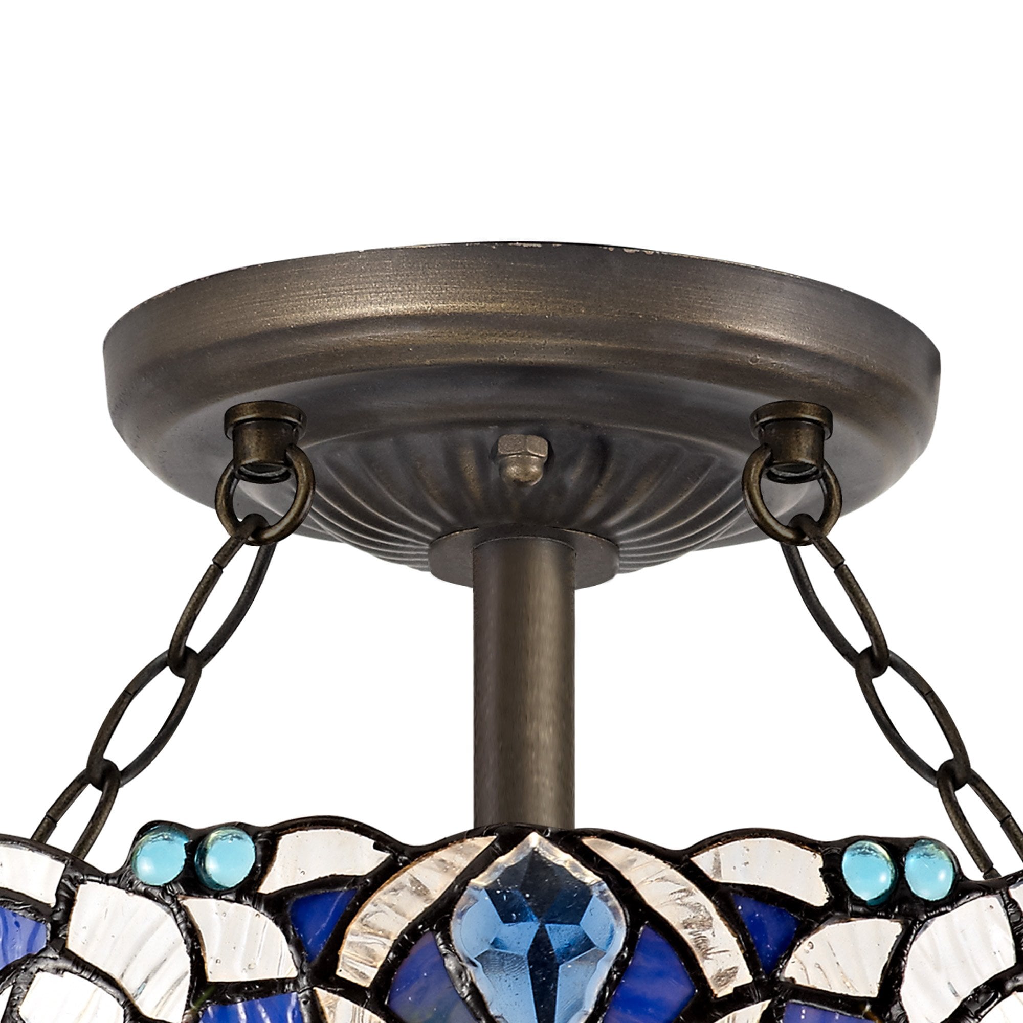 NLK01499 Ossie 2 Light Semi Ceiling With 30cm Tiffany Shade Blue/Clear Crystal/Aged Antique Brass