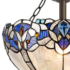 NLK01499 Ossie 2 Light Semi Ceiling With 30cm Tiffany Shade Blue/Clear Crystal/Aged Antique Brass