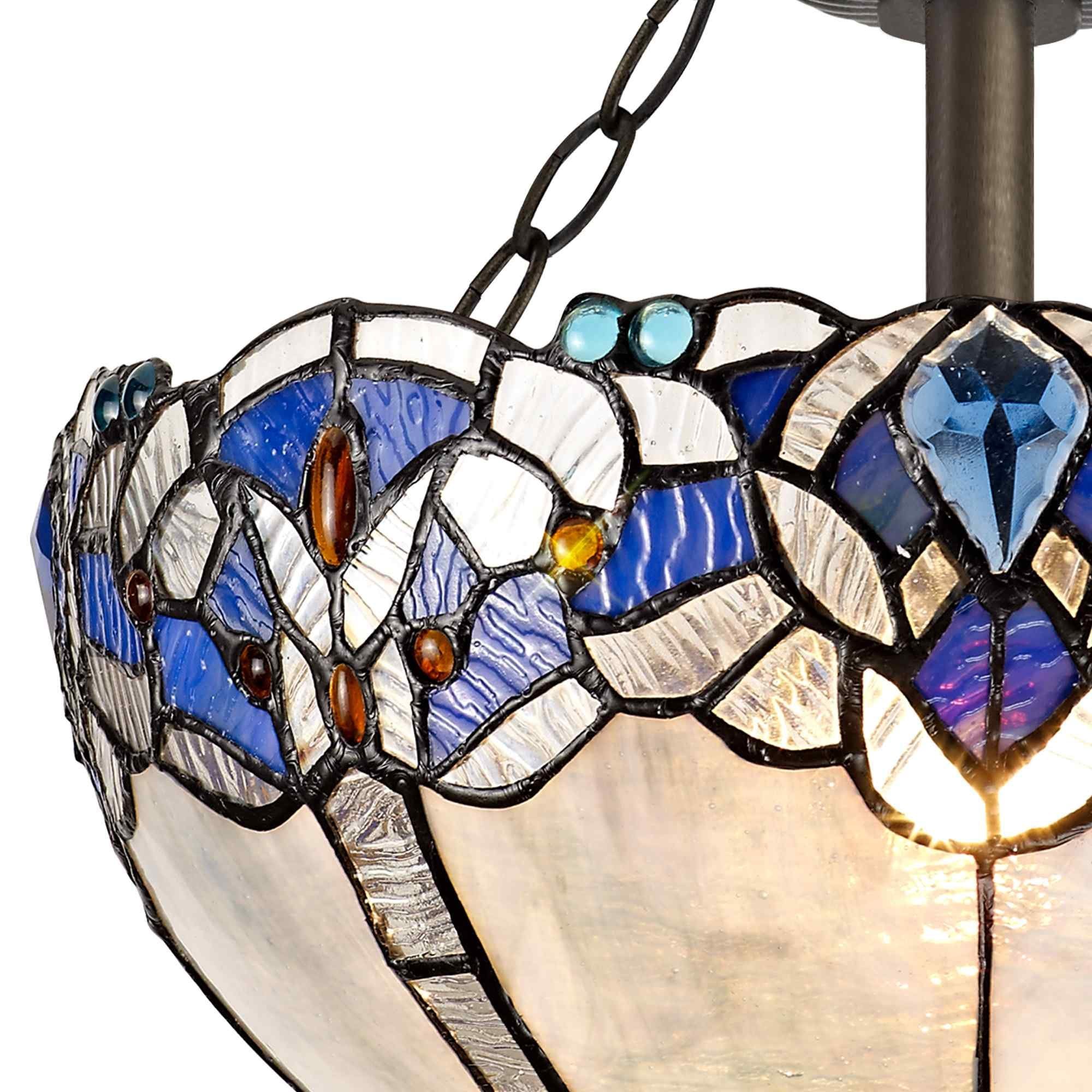 NLK01499 Ossie 2 Light Semi Ceiling With 30cm Tiffany Shade Blue/Clear Crystal/Aged Antique Brass
