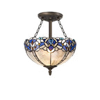 NLK01509 Ossie 3 Light Semi Ceiling With 30cm Tiffany Shade Blue/Clear Crystal/Aged Antique Brass