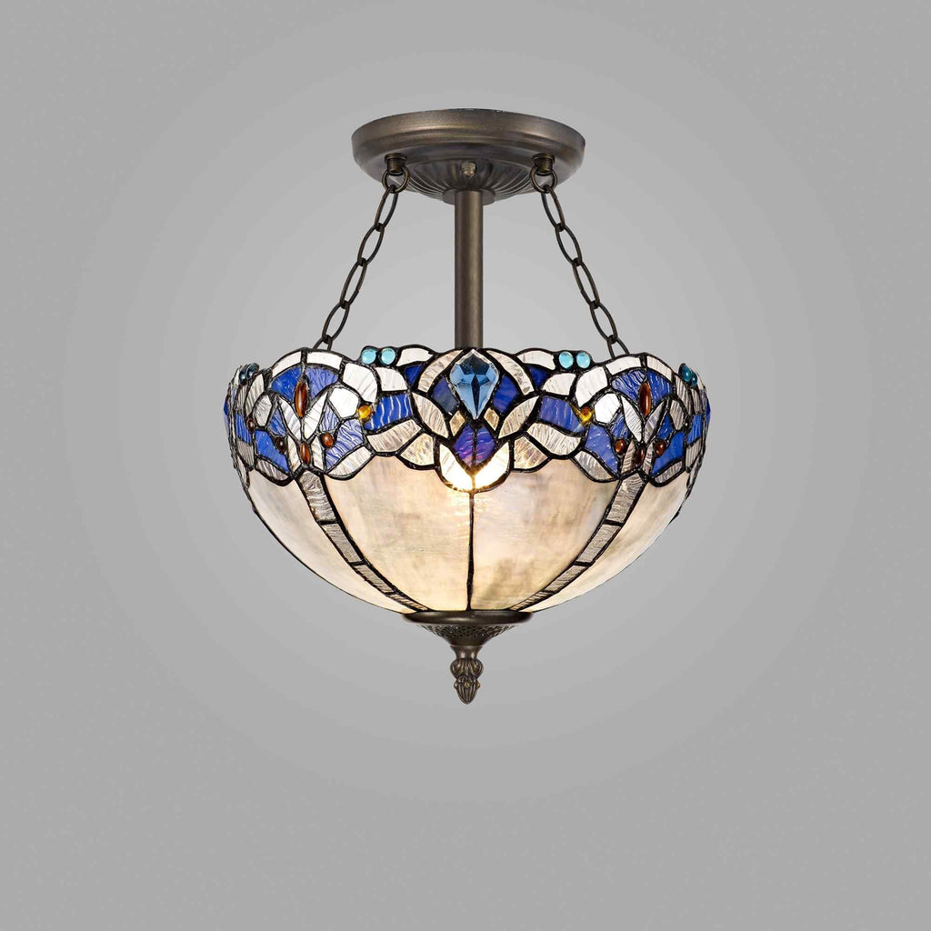 NLK01509 Ossie 3 Light Semi Ceiling With 30cm Tiffany Shade Blue/Clear Crystal/Aged Antique Brass