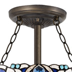 NLK01509 Ossie 3 Light Semi Ceiling With 30cm Tiffany Shade Blue/Clear Crystal/Aged Antique Brass