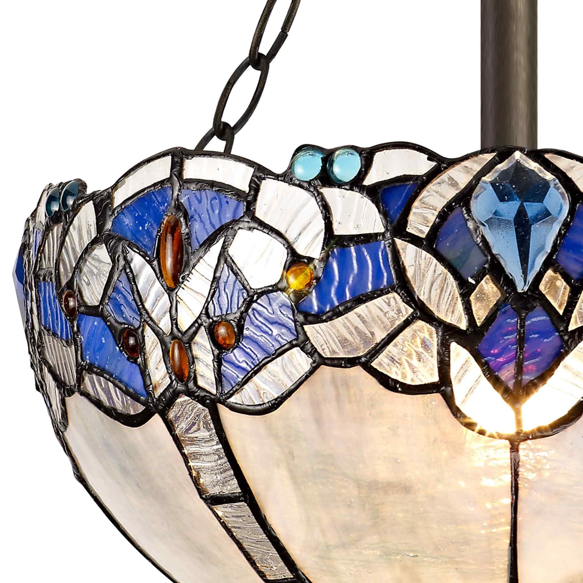 NLK01509 Ossie 3 Light Semi Ceiling With 30cm Tiffany Shade Blue/Clear Crystal/Aged Antique Brass