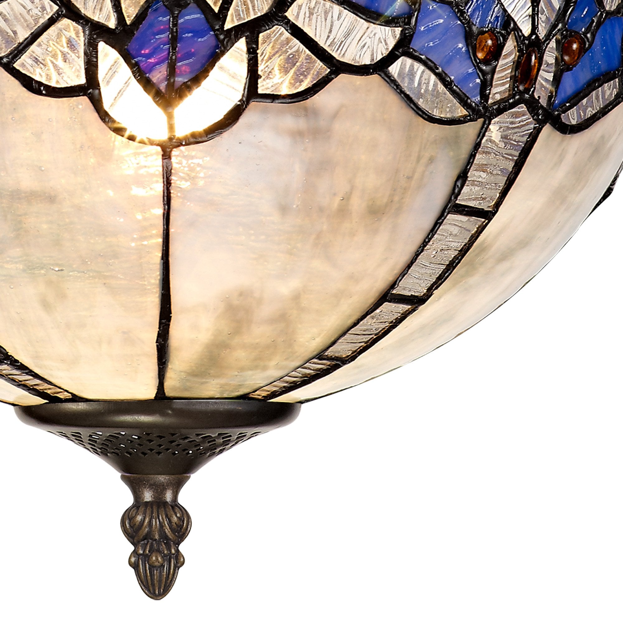 NLK01509 Ossie 3 Light Semi Ceiling With 30cm Tiffany Shade Blue/Clear Crystal/Aged Antique Brass