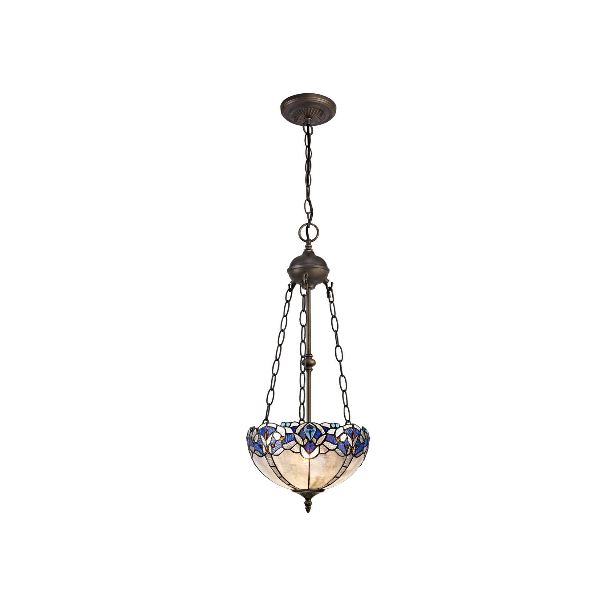 NLK01519 Ossie 2 Light Up Lighter Pendant With 30cm Tiffany Shade Blue/Clear Crystal/Aged Antique Brass