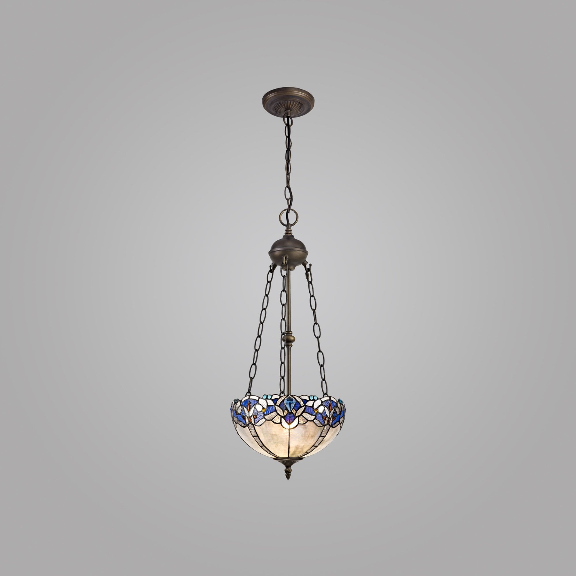 NLK01519 Ossie 2 Light Up Lighter Pendant With 30cm Tiffany Shade Blue/Clear Crystal/Aged Antique Brass