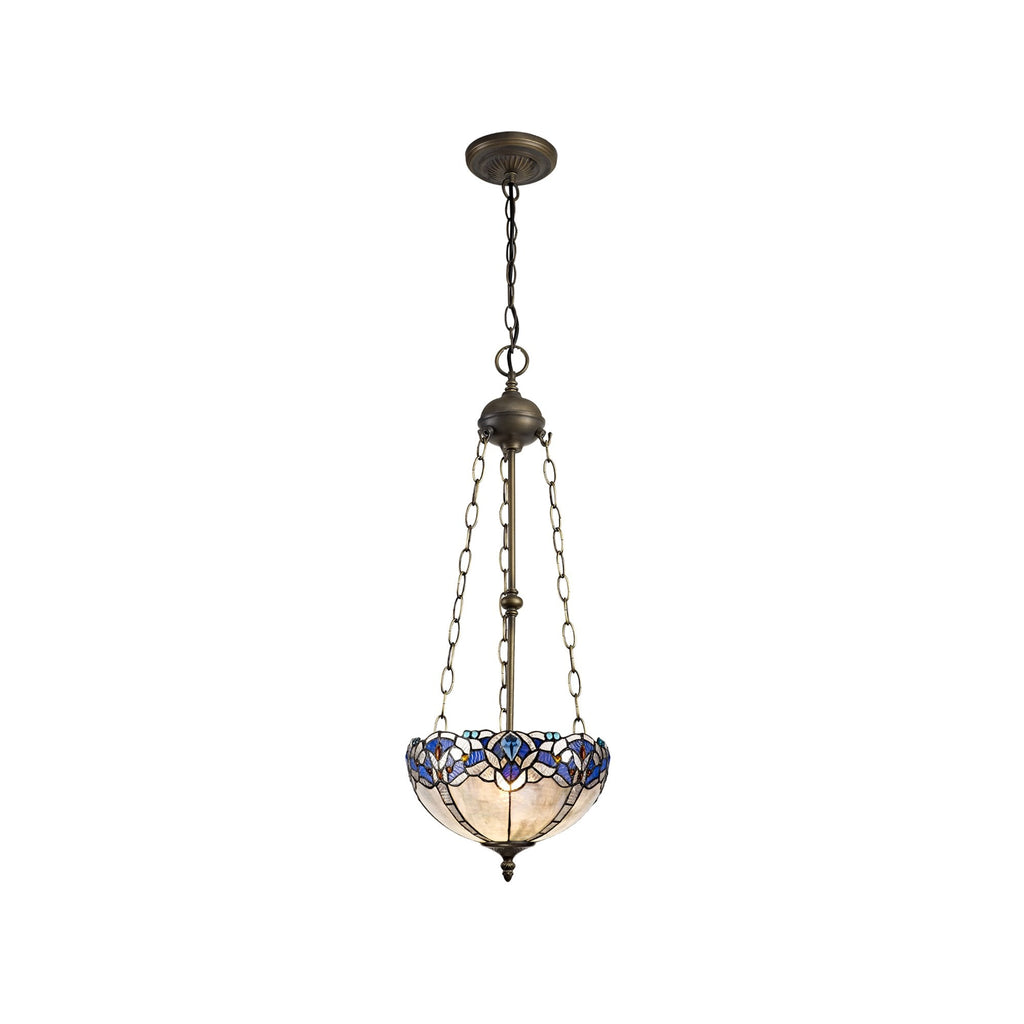 NLK01529 Ossie 3 Light Up Lighter Pendant With 30cm Tiffany Shade Blue/Clear Crystal/Aged Antique Brass
