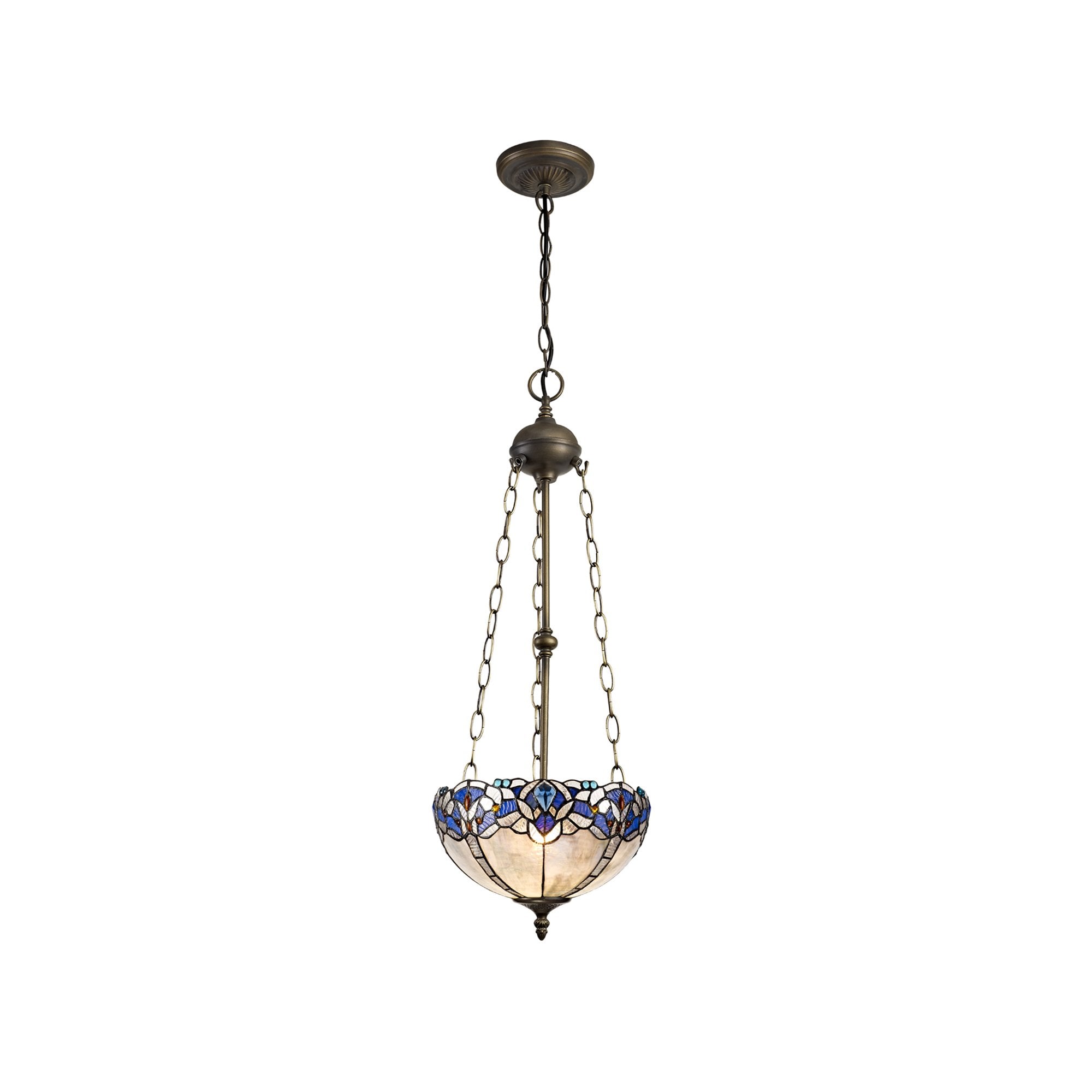 NLK01529 Ossie 3 Light Up Lighter Pendant With 30cm Tiffany Shade Blue/Clear Crystal/Aged Antique Brass