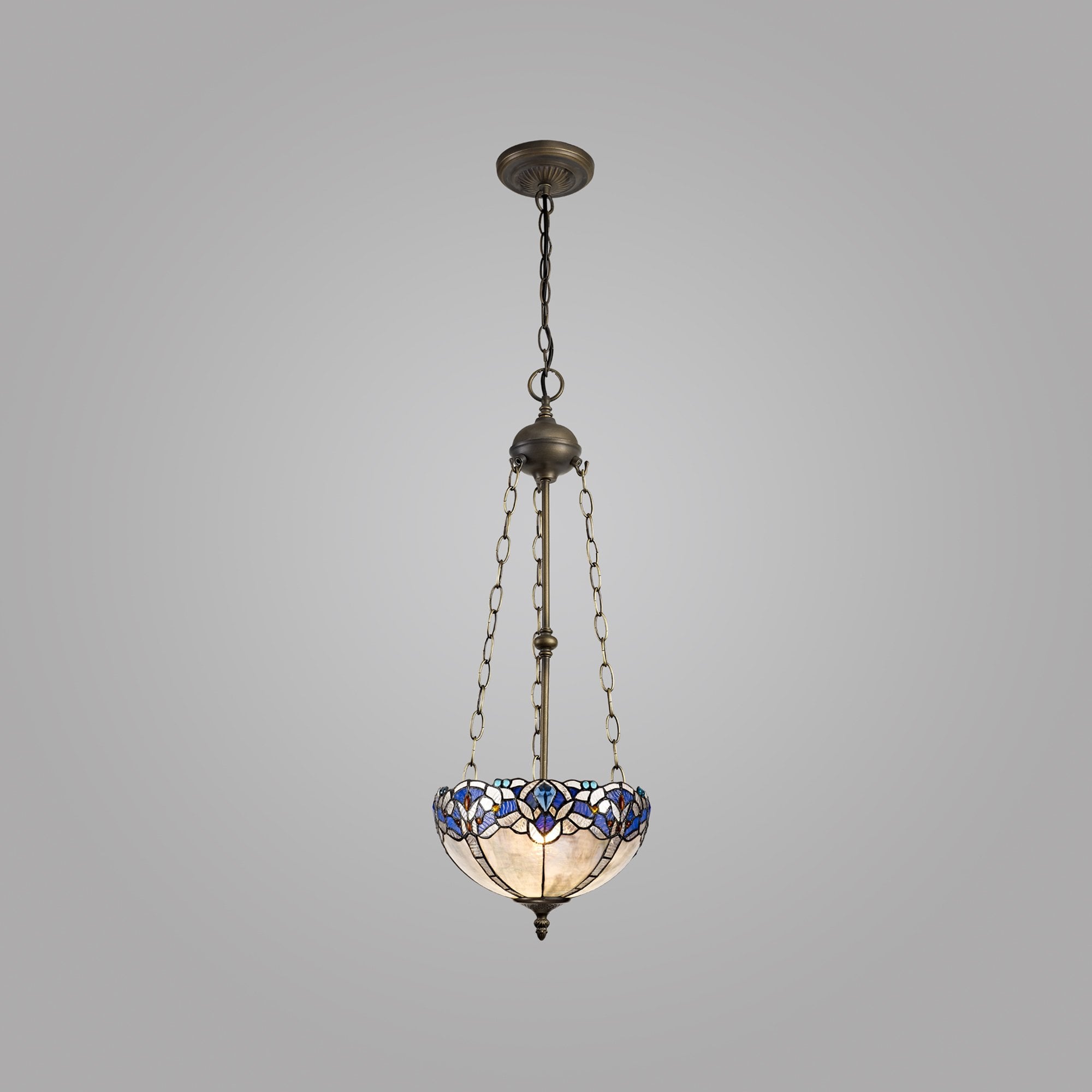 NLK01529 Ossie 3 Light Up Lighter Pendant With 30cm Tiffany Shade Blue/Clear Crystal/Aged Antique Brass