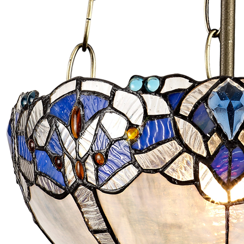 NLK01529 Ossie 3 Light Up Lighter Pendant With 30cm Tiffany Shade Blue/Clear Crystal/Aged Antique Brass