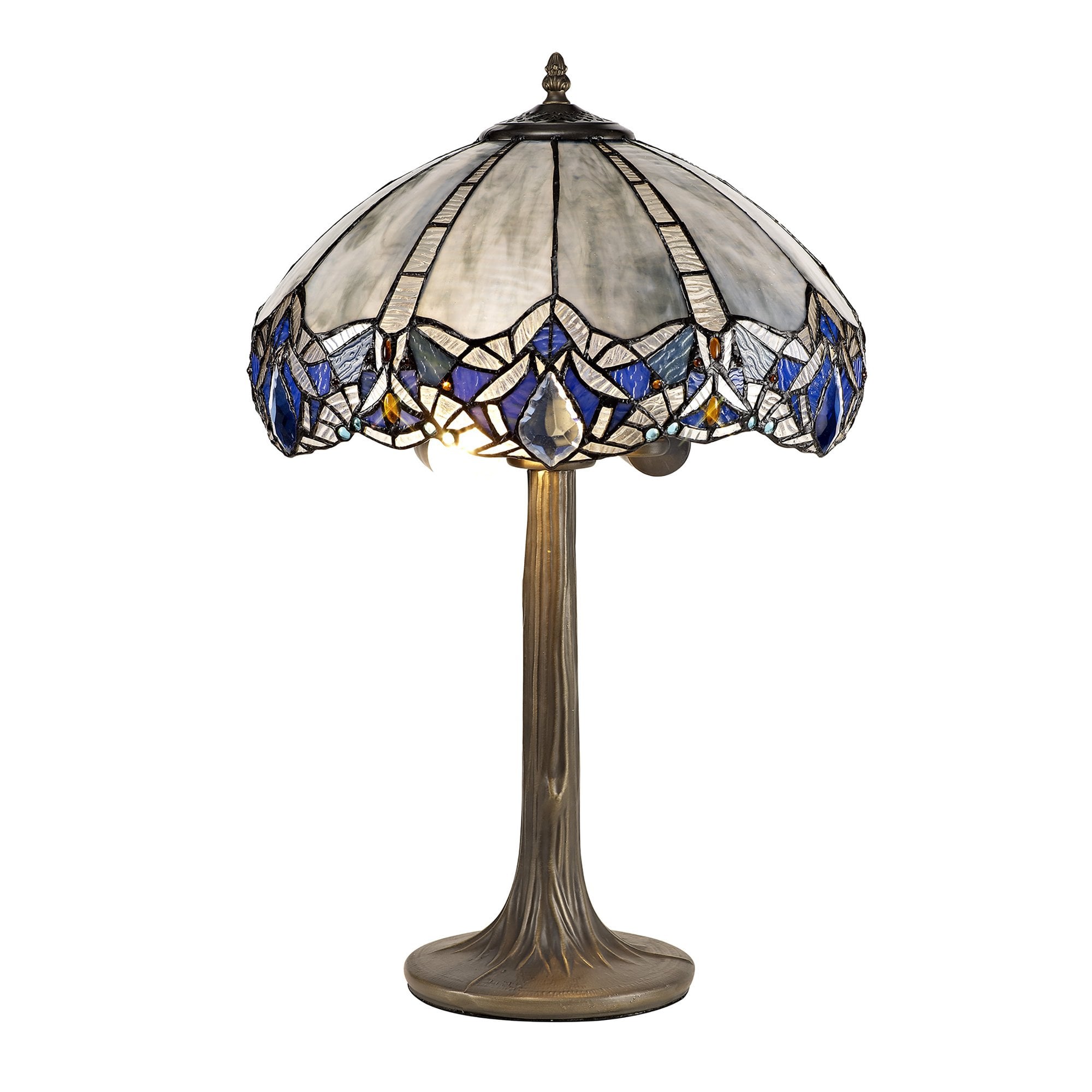 NLK01539 Ossie 2 Light Tree Like Table Lamp With 40cm Tiffany Shade Blue/Clear Crystal/Aged Antique Brass