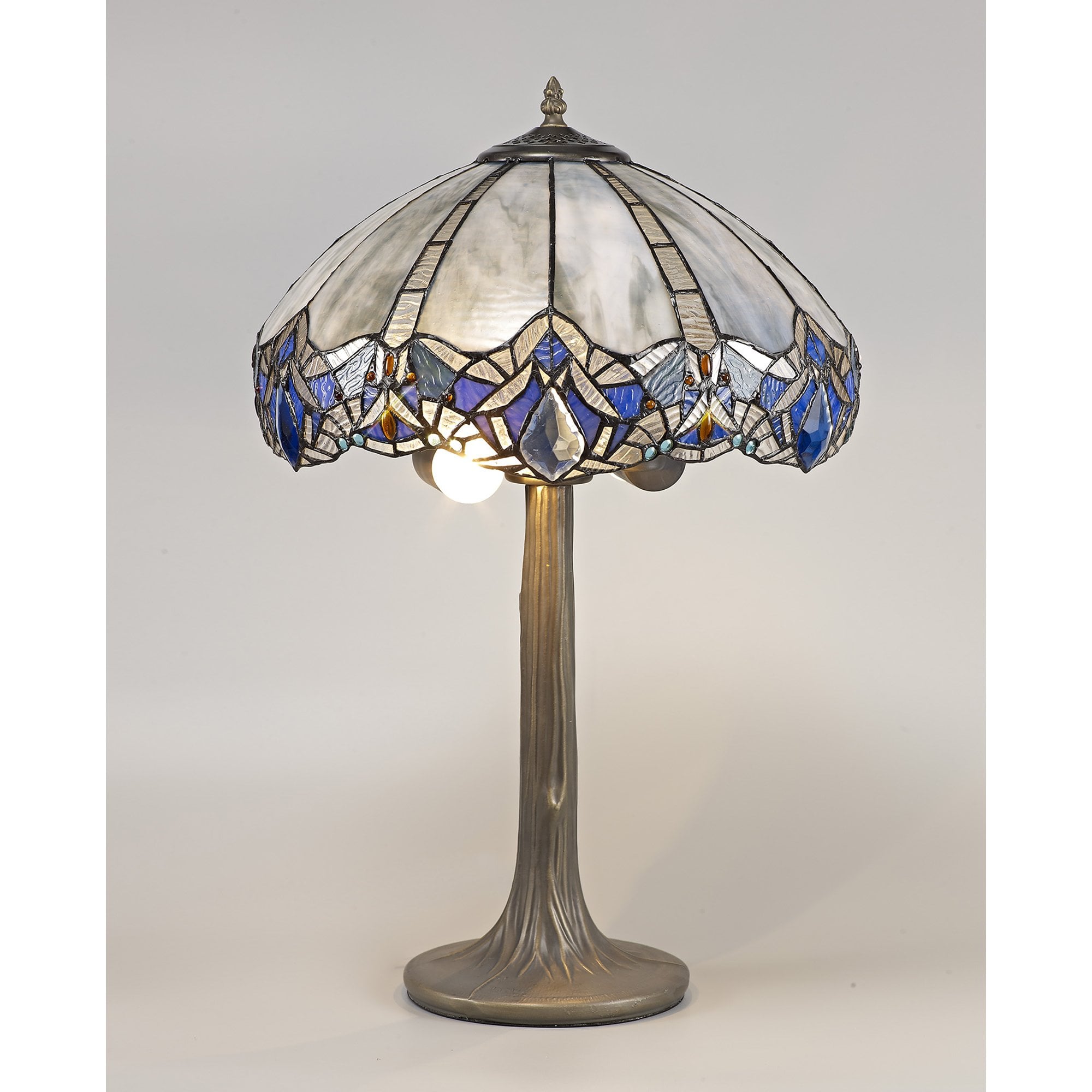 NLK01539 Ossie 2 Light Tree Like Table Lamp With 40cm Tiffany Shade Blue/Clear Crystal/Aged Antique Brass