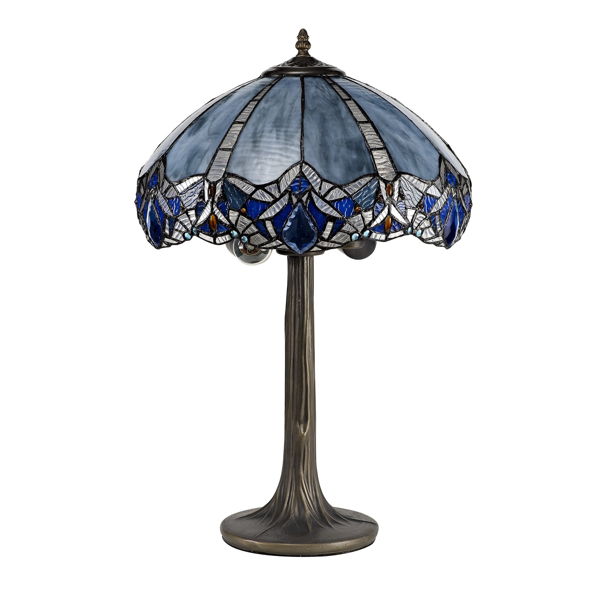NLK01539 Ossie 2 Light Tree Like Table Lamp With 40cm Tiffany Shade Blue/Clear Crystal/Aged Antique Brass