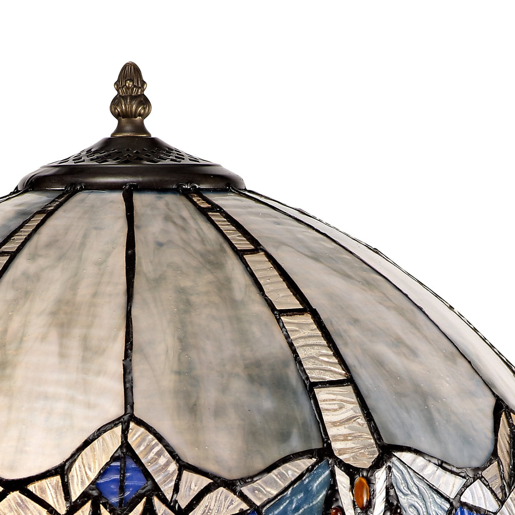 NLK01539 Ossie 2 Light Tree Like Table Lamp With 40cm Tiffany Shade Blue/Clear Crystal/Aged Antique Brass