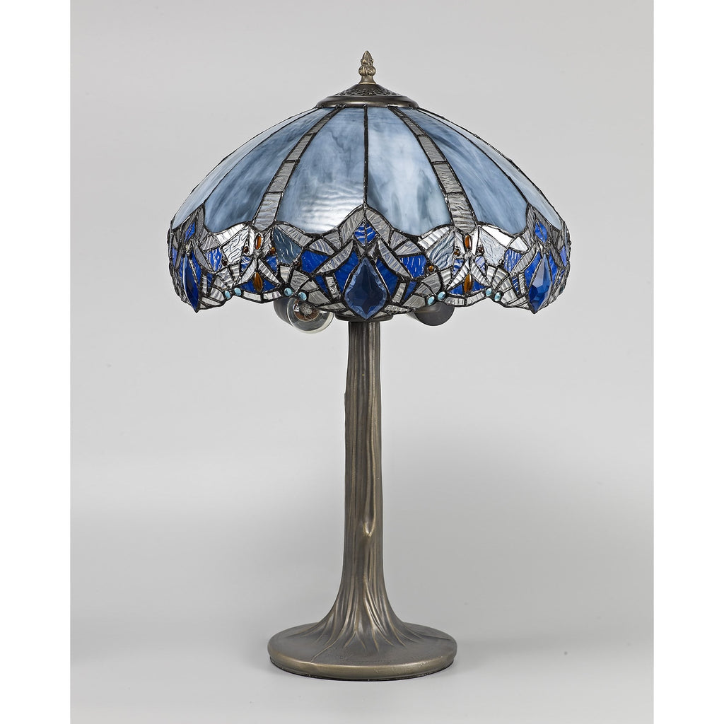 NLK01539 Ossie 2 Light Tree Like Table Lamp With 40cm Tiffany Shade Blue/Clear Crystal/Aged Antique Brass