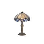 NLK01549 Ossie 2 Light Curved Table Lamp With 40cm Tiffany Shade Blue/Clear Crystal/Aged Antique Brass