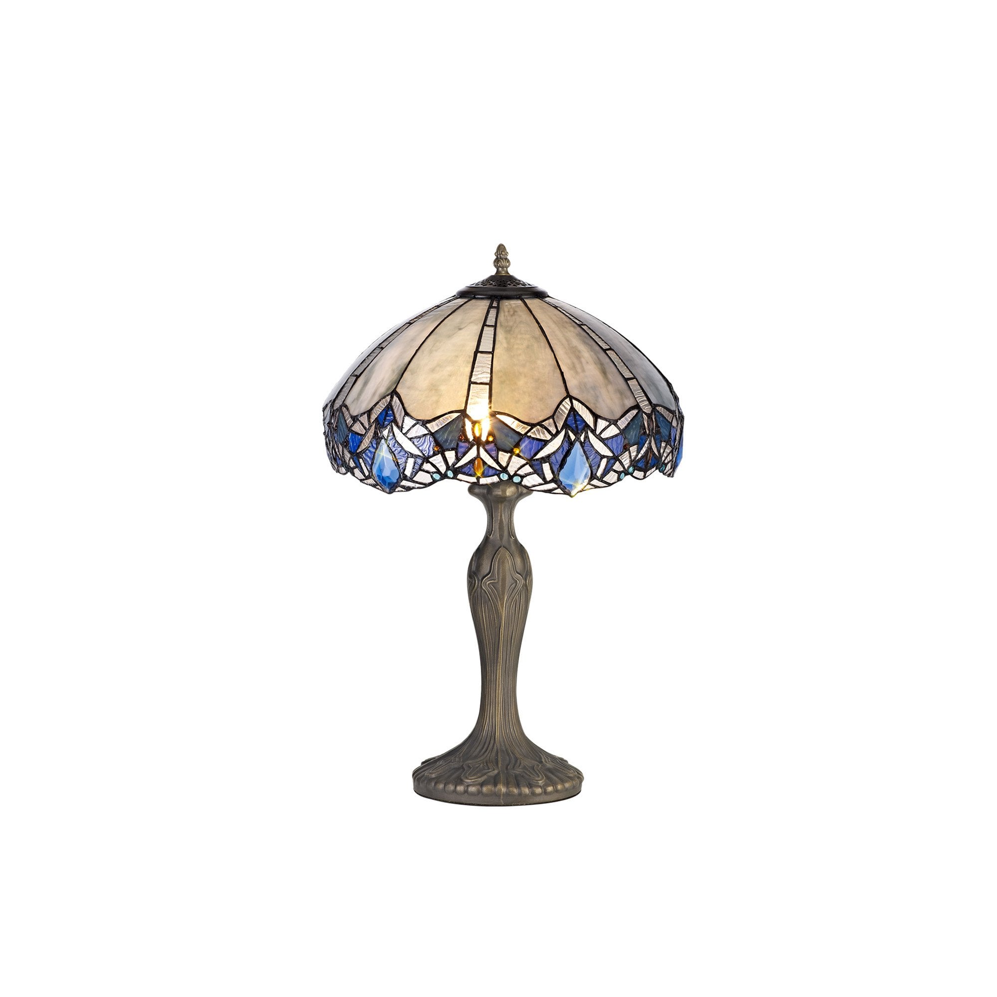 NLK01549 Ossie 2 Light Curved Table Lamp With 40cm Tiffany Shade Blue/Clear Crystal/Aged Antique Brass