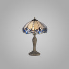 NLK01549 Ossie 2 Light Curved Table Lamp With 40cm Tiffany Shade Blue/Clear Crystal/Aged Antique Brass
